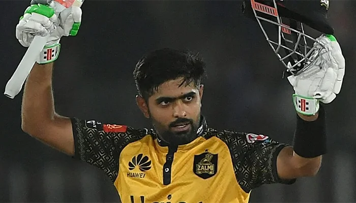 Babar Azam scoring a century for Peshawar Zalmi.