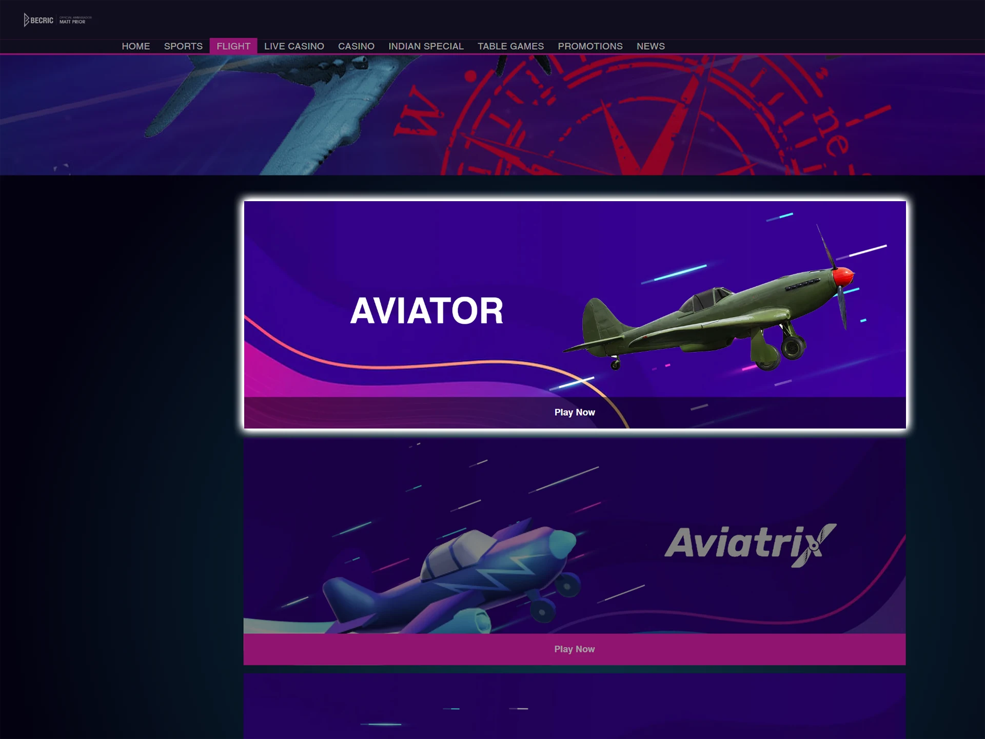 Find the Aviator game on Becric's website.