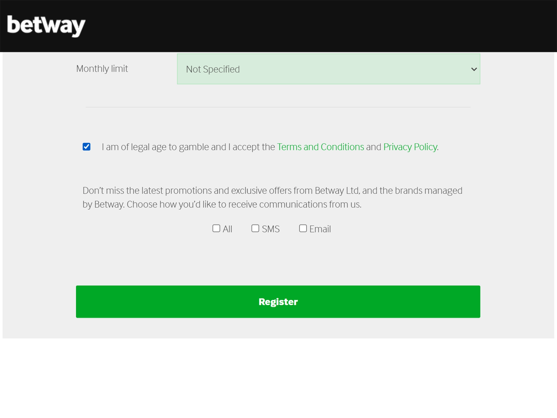 Complete the creation of your Betway account.