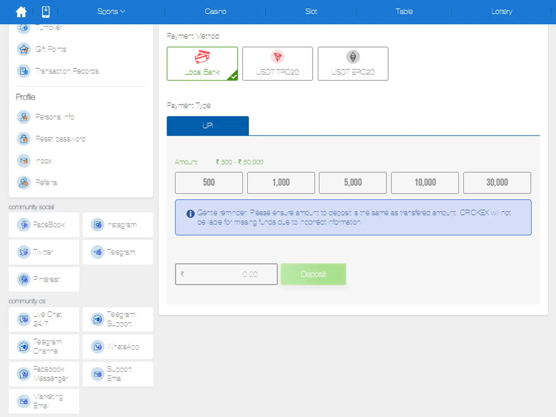 Choose prefered deposit method.