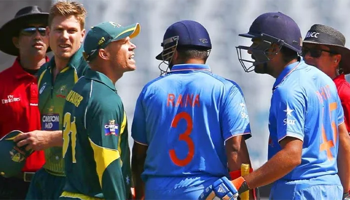 David Warner and Rohit Sharma arguing on the field.