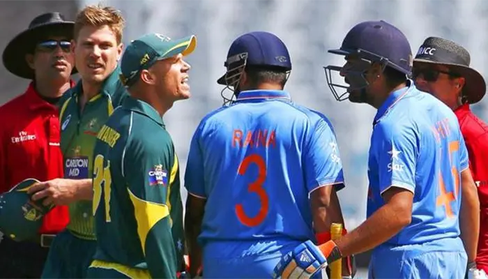 David Warner and Rohit Sharma in a heated argument while Suresh Raina steps in.