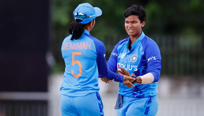 Deepti Sharma celebrating after taking a wicket.