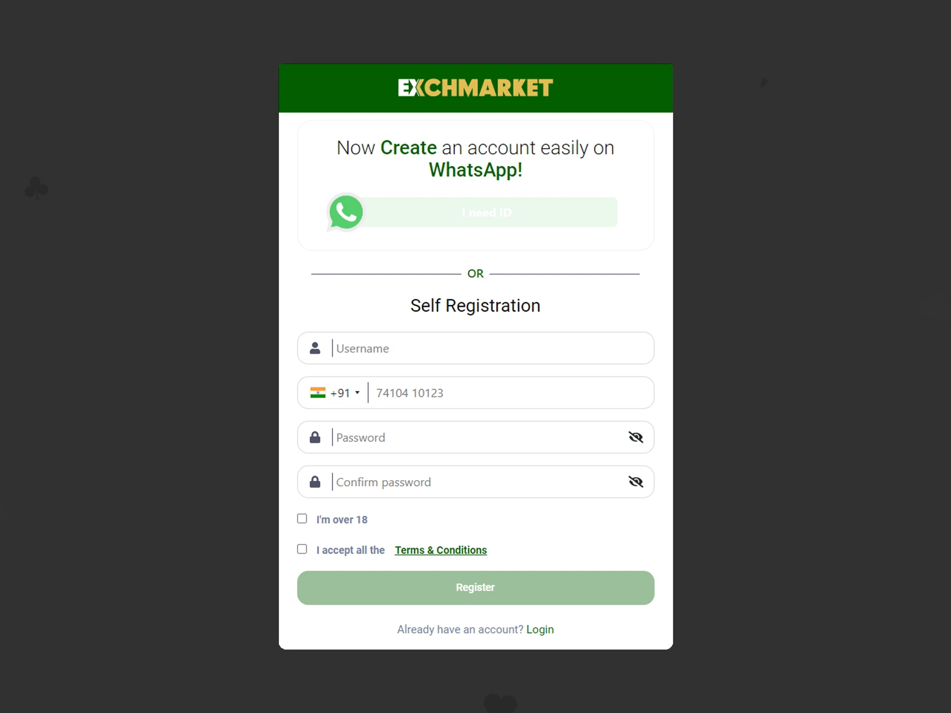 Fill out personal information to register on the Exchmarket website.