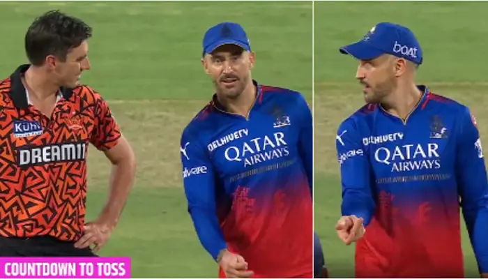 Faf du Plessis reciting the Toss incident to SRH Captain Pat Cummins.