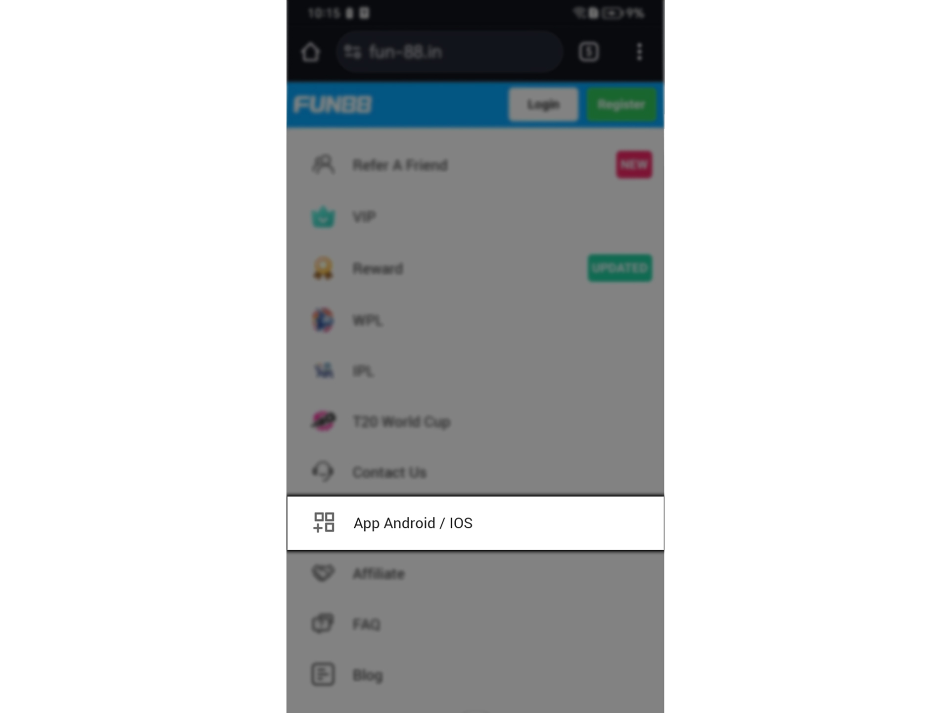 Open the Fun88 website menu and go to the mobile apps section.