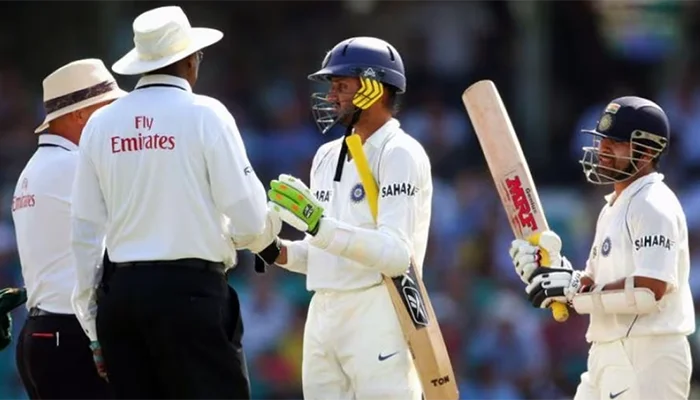 Harbhajan Singh arguing with the umpires after he was given out wrongly.