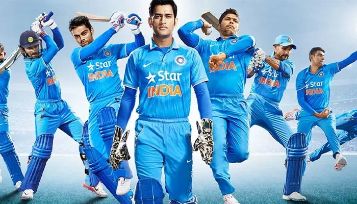 Indian cricket stars with Star India logo on the Indian jersey.