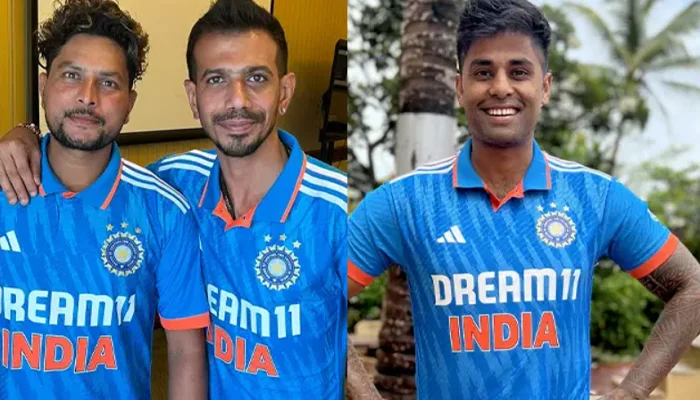 Indian players wearing Indian jerseys sponsored by Dream11.