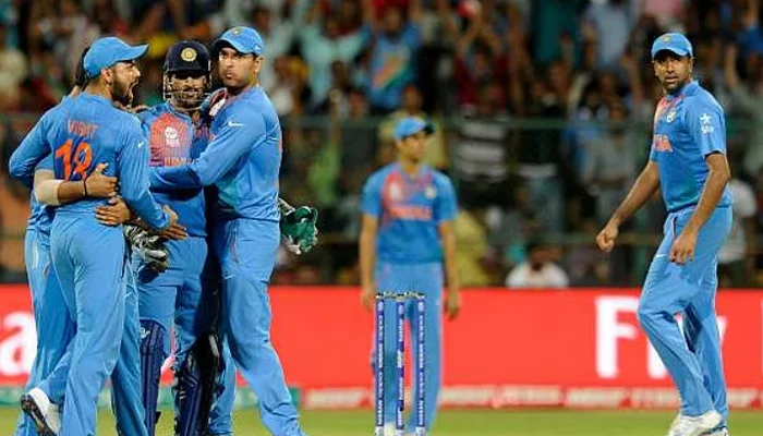 Indian team celebrating after taking a wicket in the match against Bangladesh.