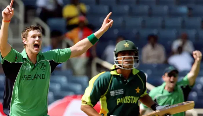 Ireland bowler celebrating after taking the wicket of Pakistan batter.