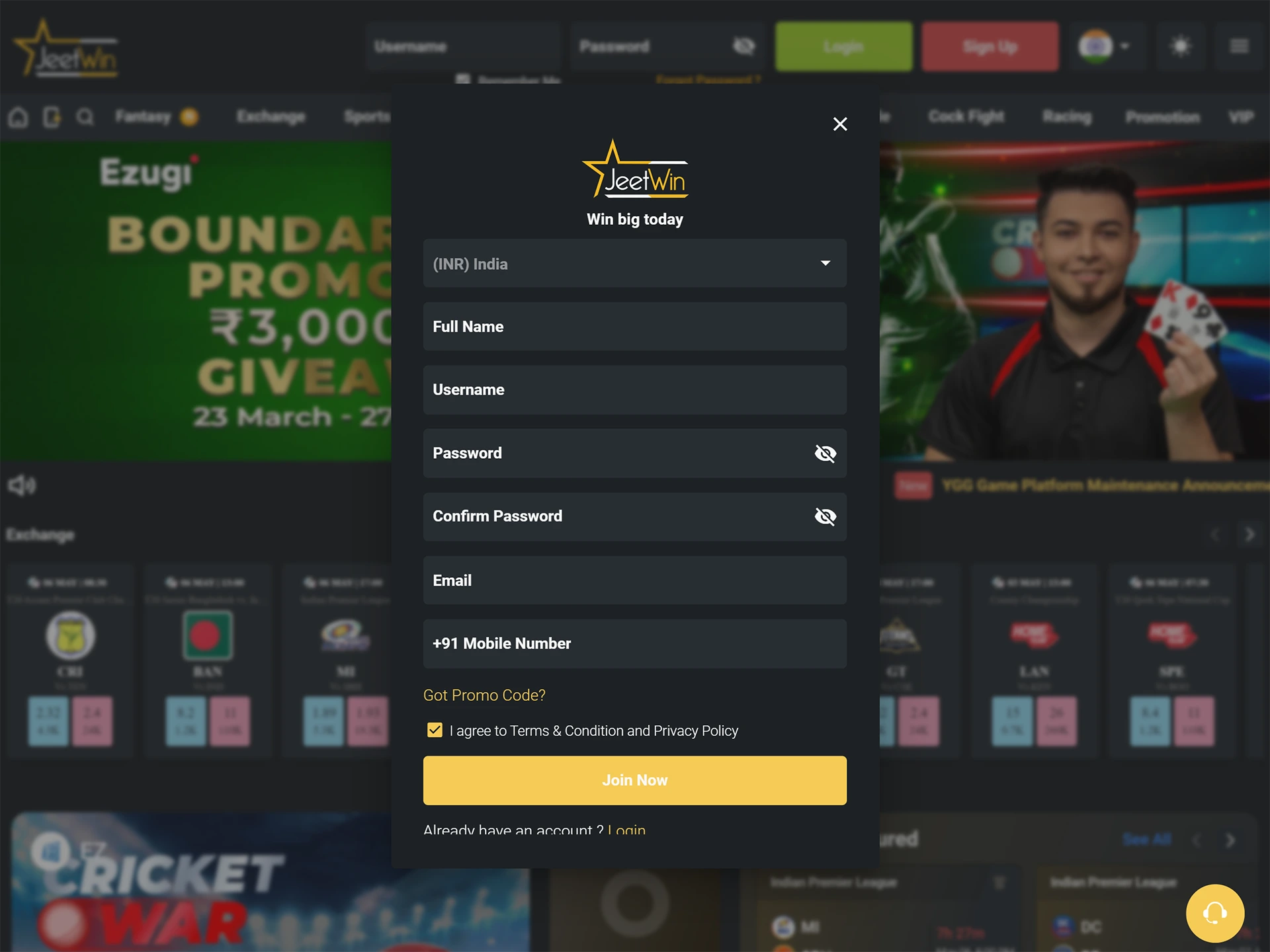 To start playing casino games at Jeetwin, you need to register.