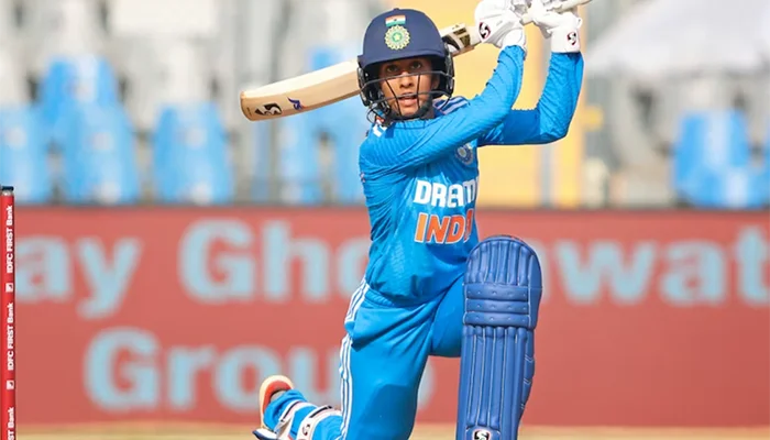 Jemimah Rodrigues playing a shot in her innings against Australia.