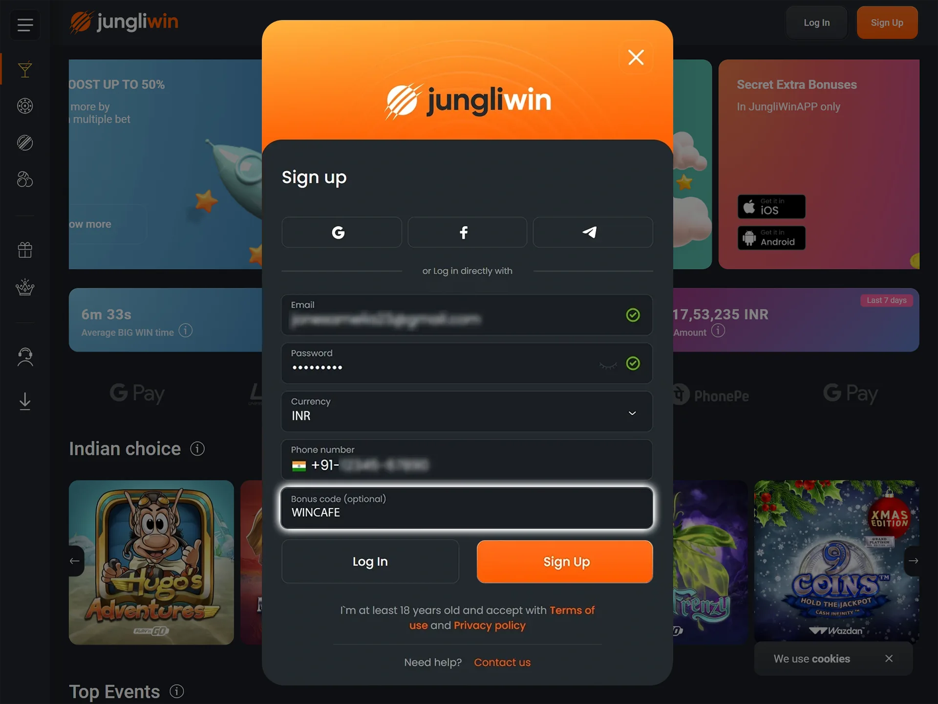 Enter the promo code in the appropriate field to get the JungliWin bonus.