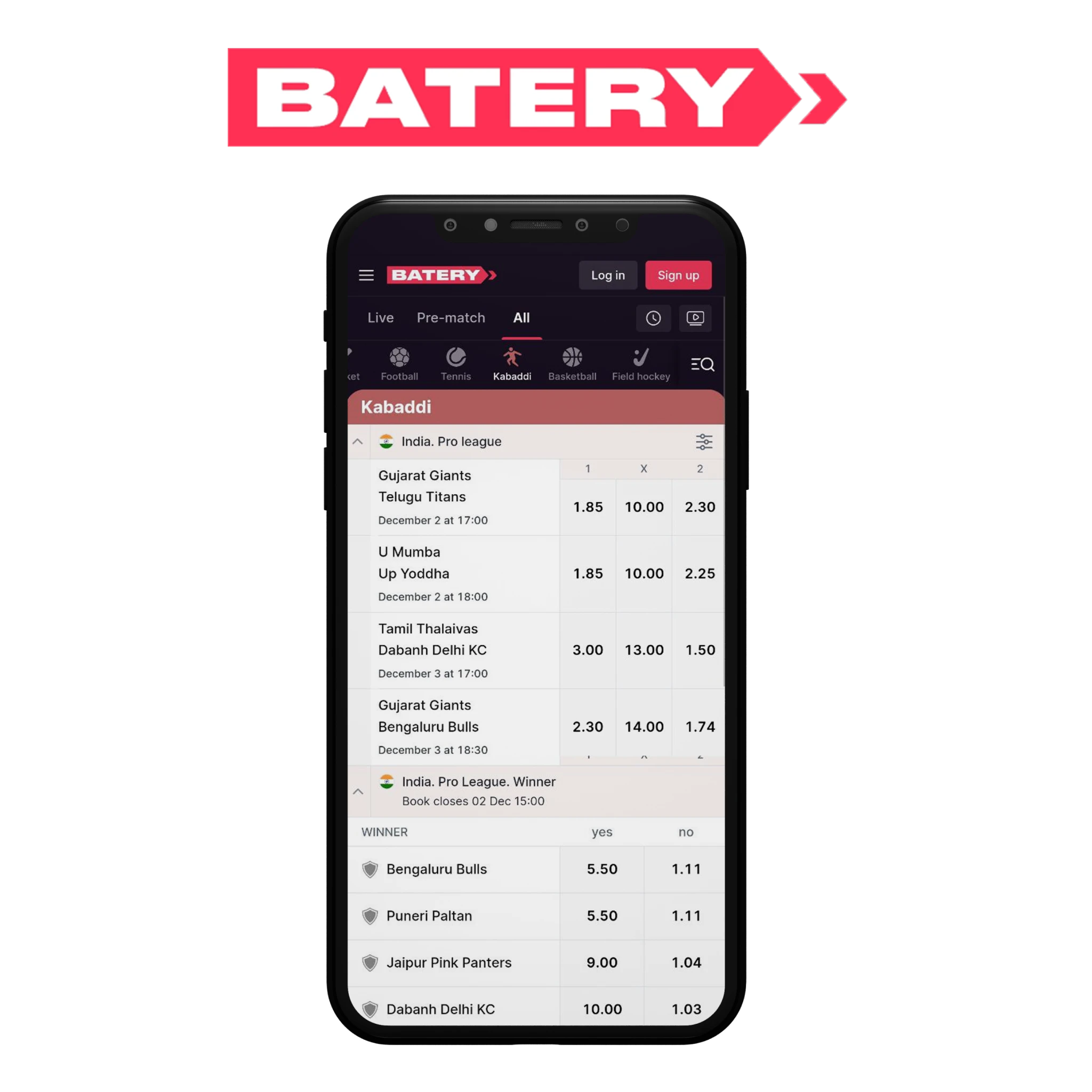 Batery application is easy to use and place bets on kabaddi.