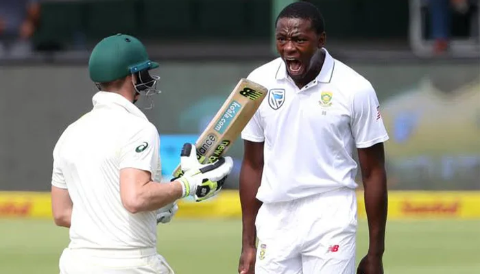 Kagiso Rabada celebrating aggressively after dismissing Steve Smith.