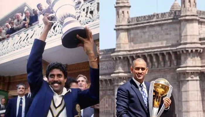 Kapil Dev and MS Dhoni, the winning captains of the 1983 and 2011 World Cup respectively.