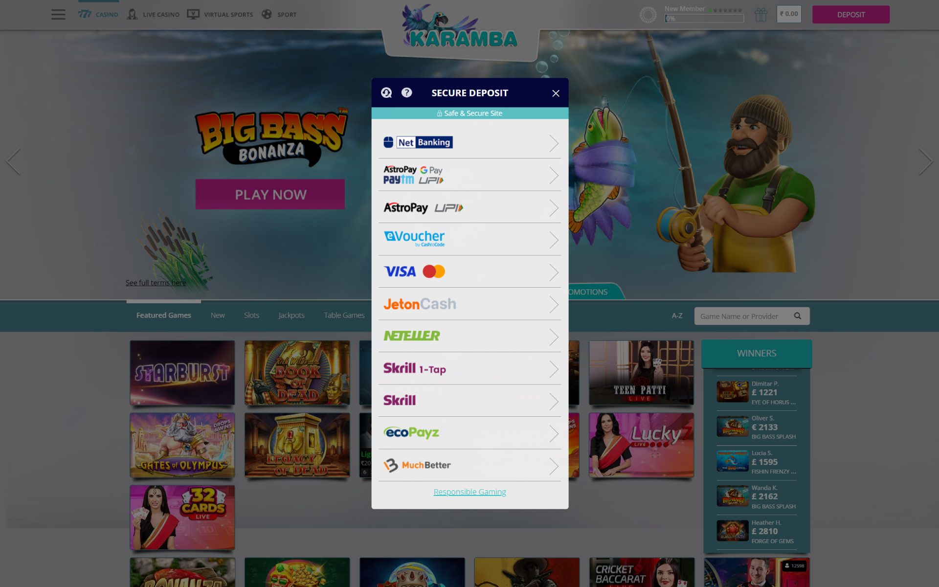 Top up your account at Karamba to play at the casino.