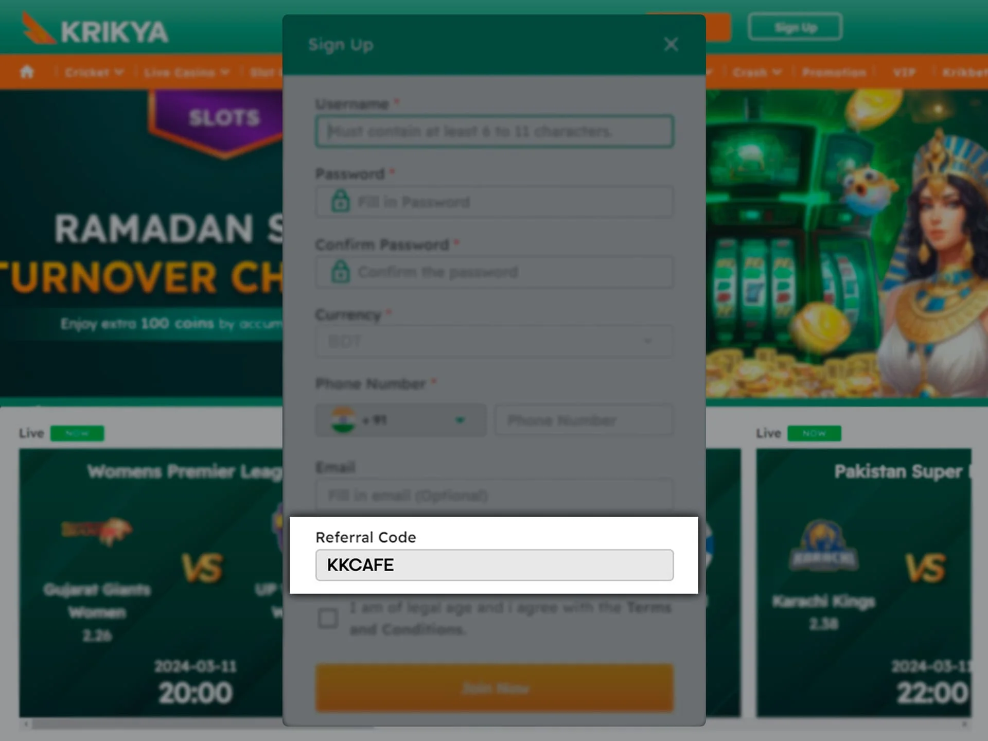 Enter valid promo code to get Krikya bonus.