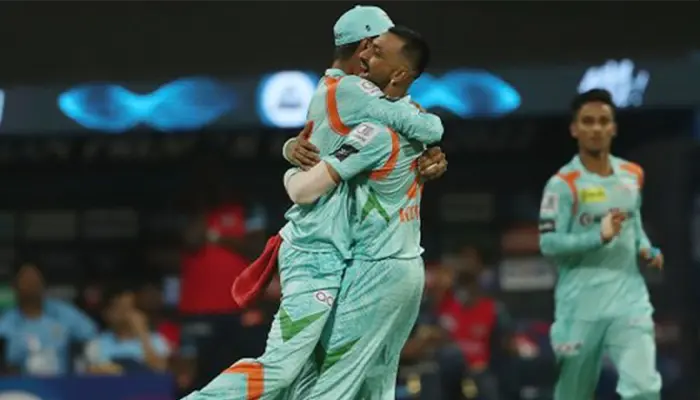 Krunal Pandya and Deepak Hooda hugging each other after dismissing Shubman Gill for a duck.