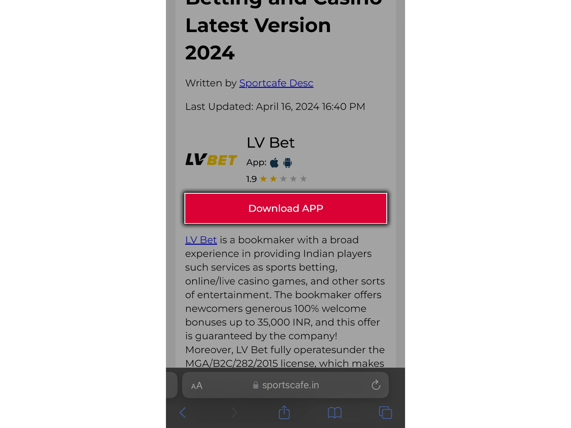 Use your phone's browser to open the LV Bet website.