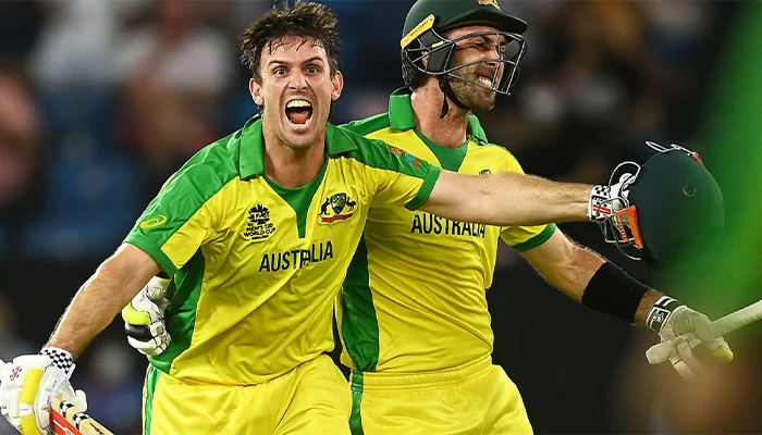 Mitchell Marsh and Glenn Maxwell celebrating after winning the T20 World Cup.