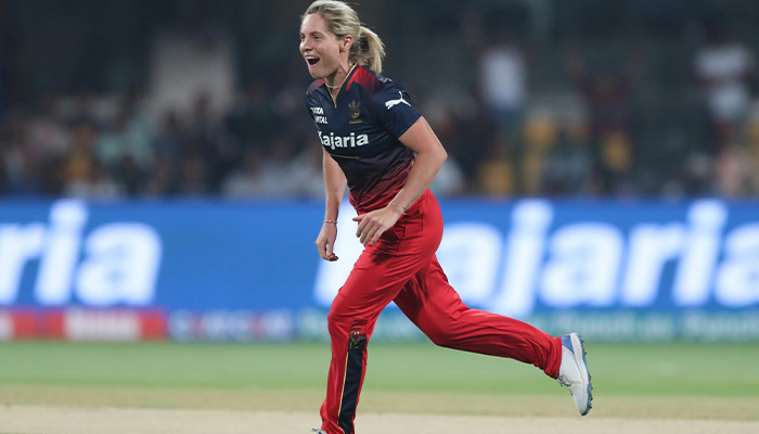 Molineux celebrating after taking 3 wickets in 4 balls against DC Women in WPL finals.