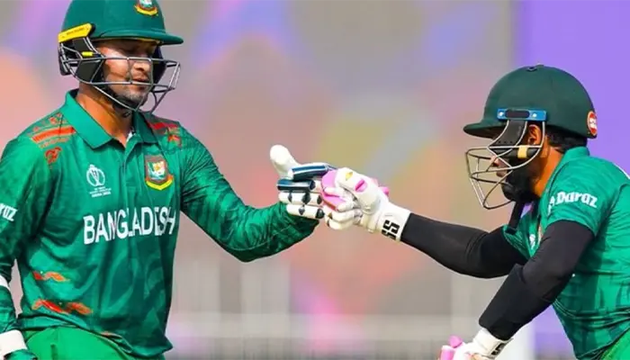 Mushfiqur Rahim and Shakib Al Hasan playing for Bangladesh in the 2023 ODI World Cup.