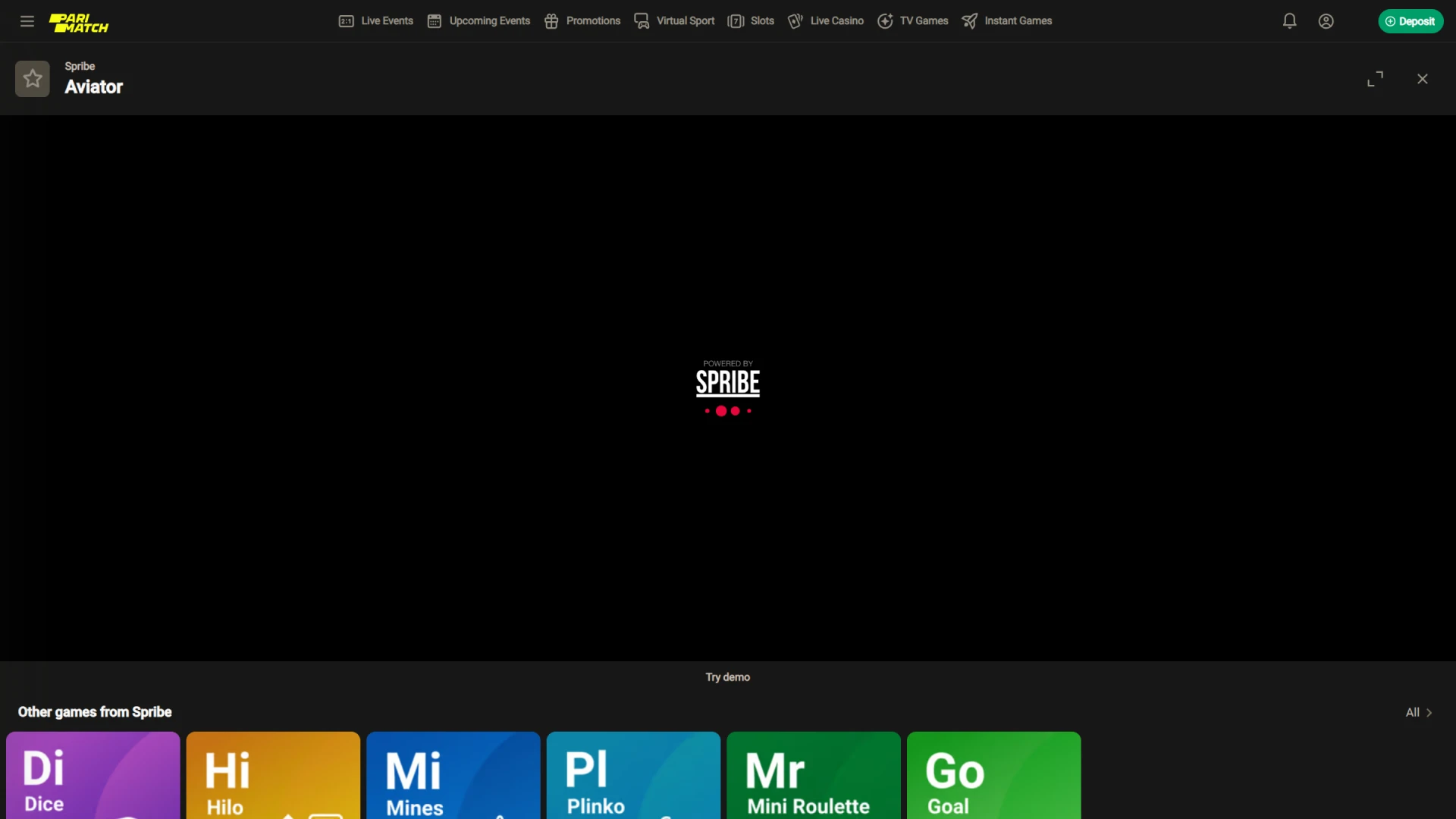 Aviator's mainscreen screenshot shows intreface of Parimatch.