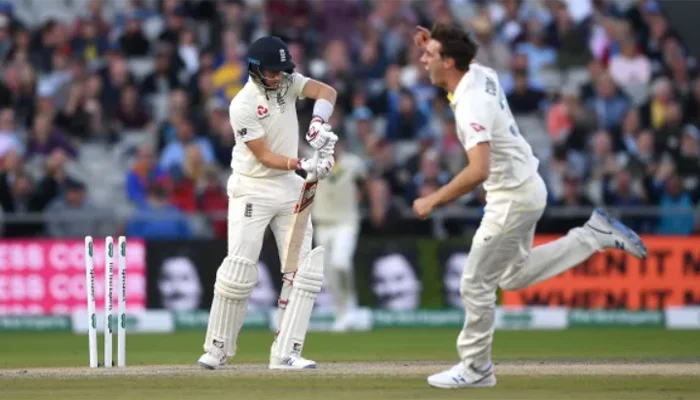 Pat Cummins after picking the wicket of Joe Root in the Ashes.