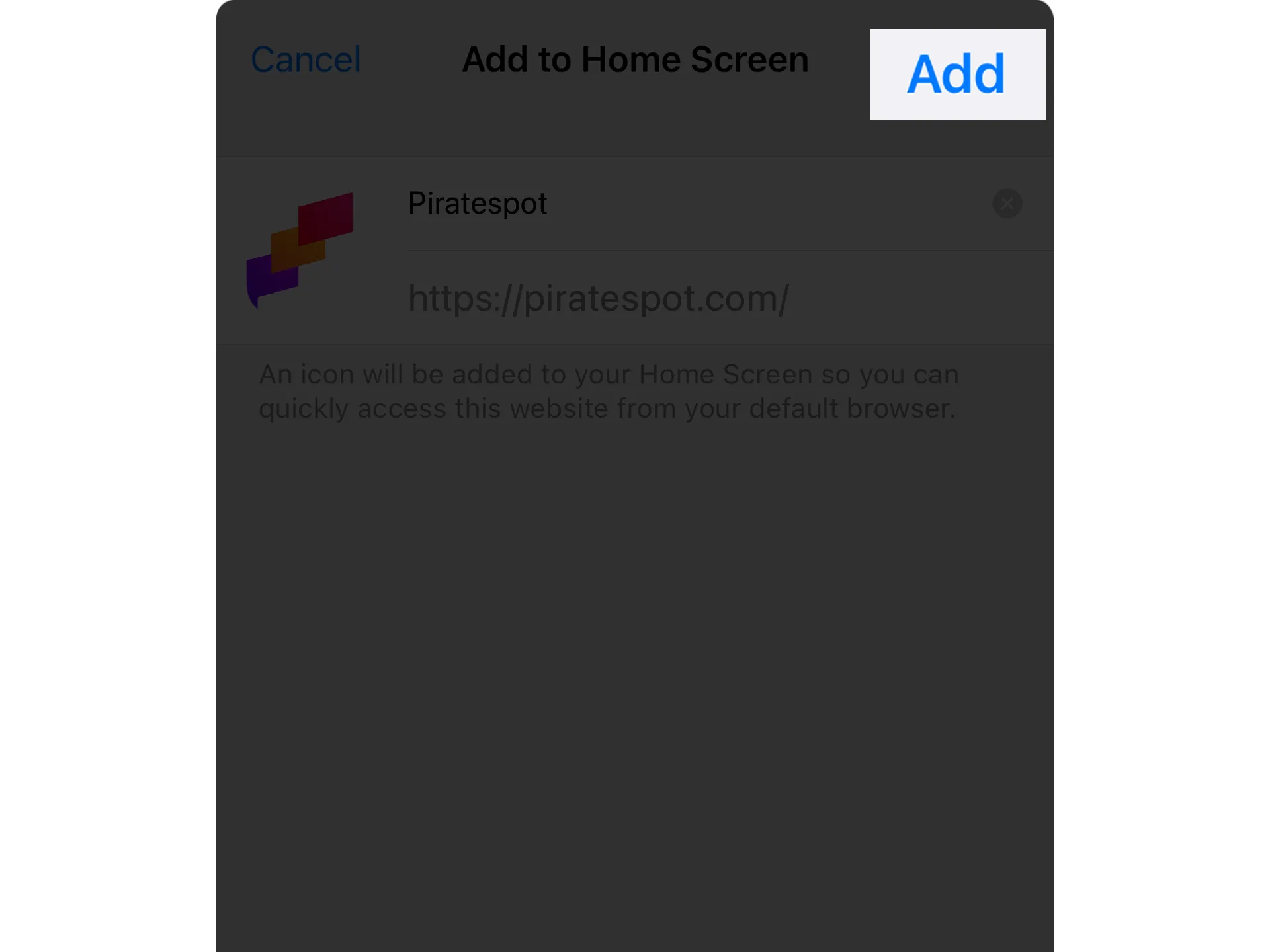 Finish adding the Piratespot app by clicking on the "Add" button.