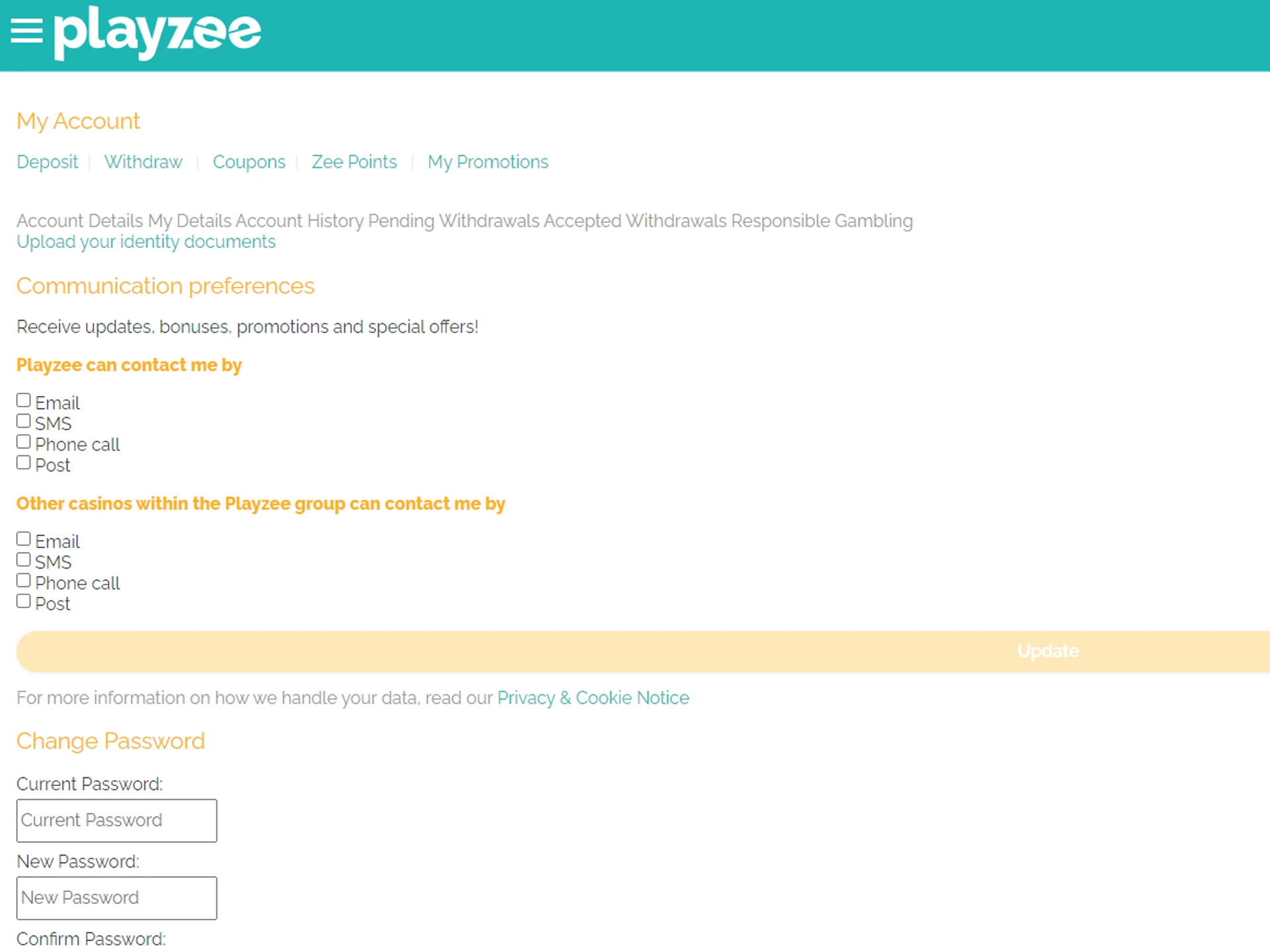 Go to the Playzee website to update your preferences and settings.