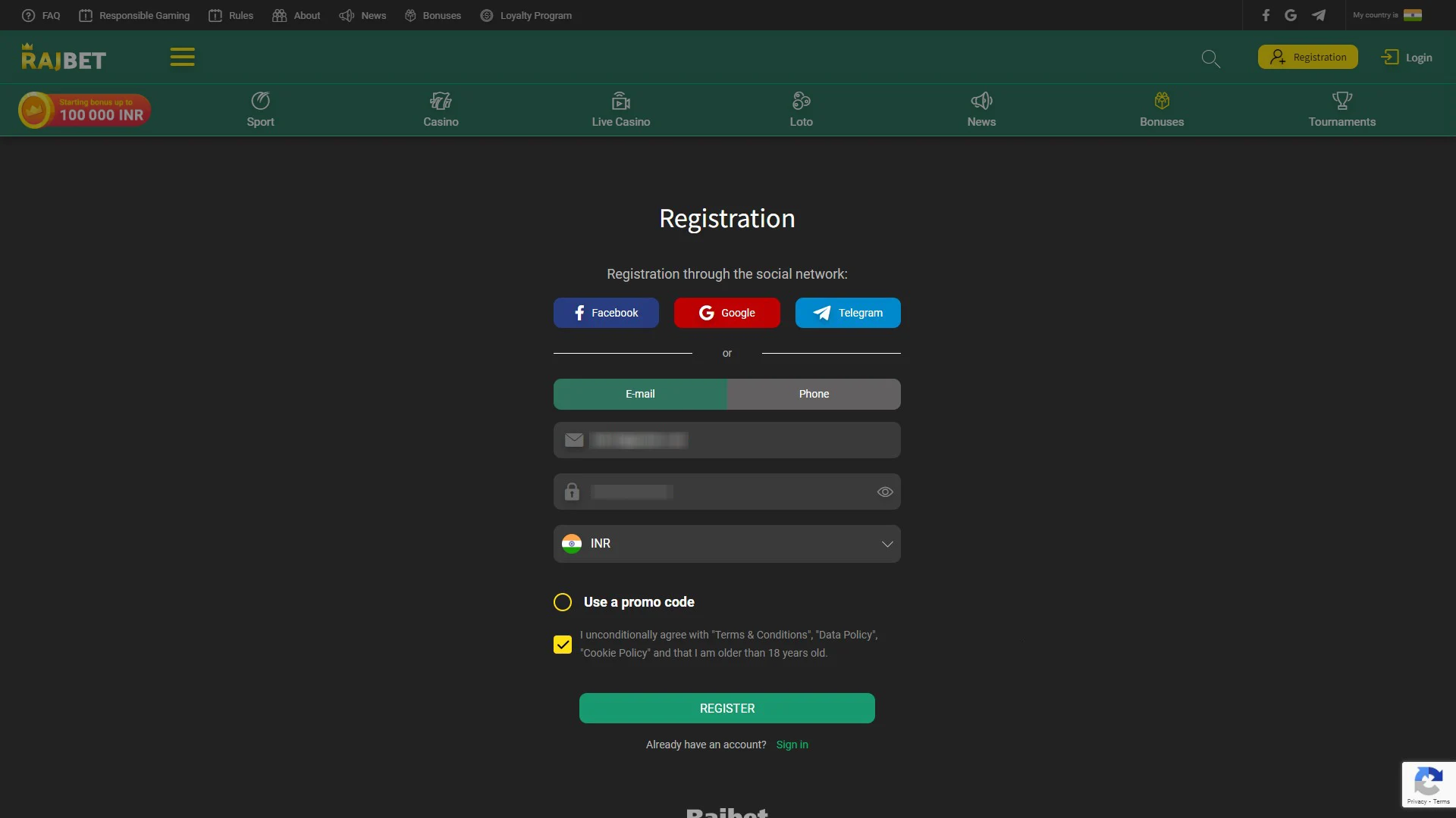 Enter your registration details on the Rajbet website.