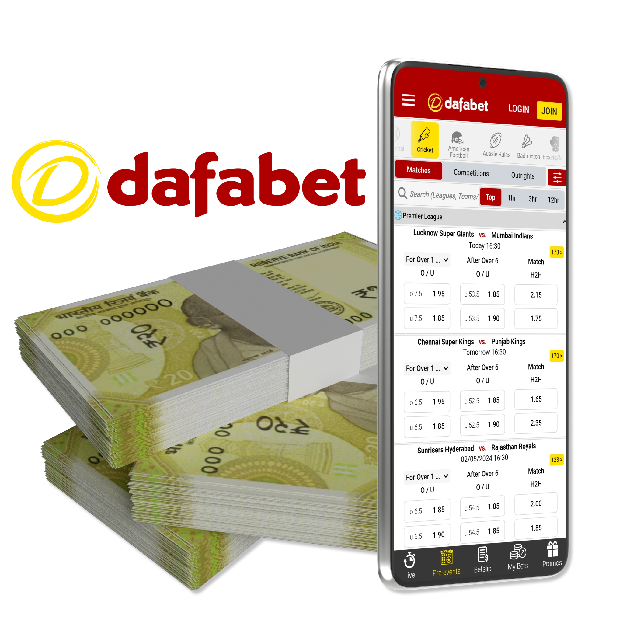 The Dafabet app is free and offers a complete set of features to bet on cricket daily at the most favorable conditions.