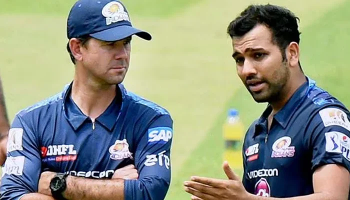 Rohit Sharma and Ricky Ponting having a chat during an MI Practice session.