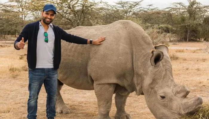 Rohit Sharma sharing a close frame with a rhinoceros.