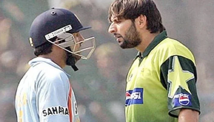 Shahid Afridi and Gautam Gambhir during an India-Pakistan match at Kanpur.