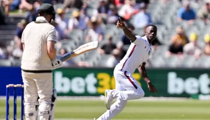 Shamar Joseph celebrating after dismissing Steve Smith on his first ball of the career.