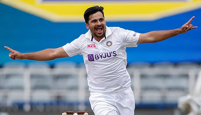 Shardul Thakur celebrating his heart out for taking a wicket for India in a Test match.