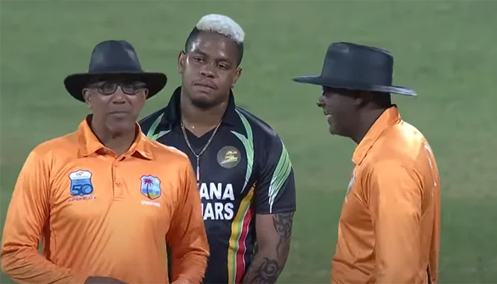 Shimron Hetmyer copying the umpires in the match against Barbados Pride.