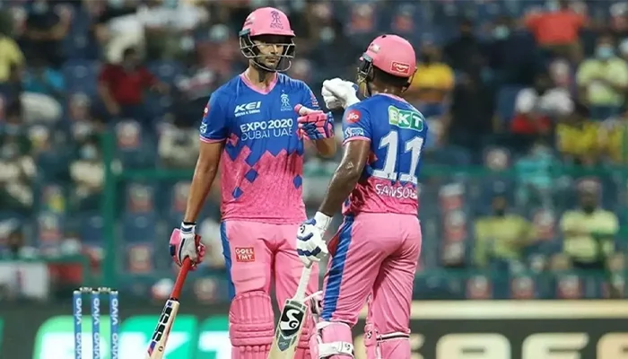 Shivam Dube playing for Rajasthan Royals in the 2021 season.