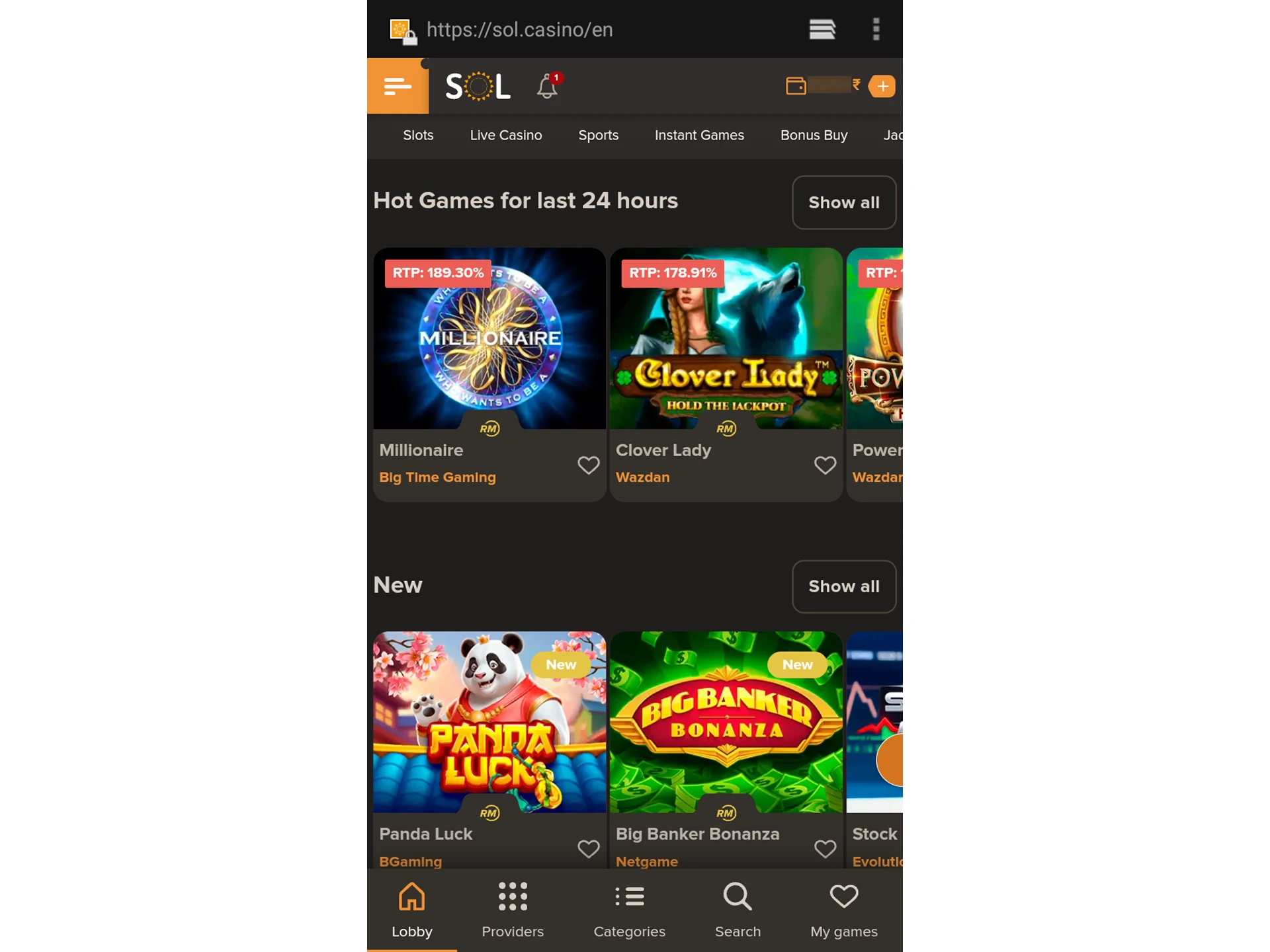 Check out the wide range of games available at SOL Casino.