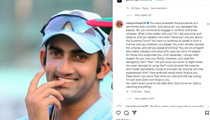 Sreesanth’s reply on an Instagram post of Gautam Gambhir.