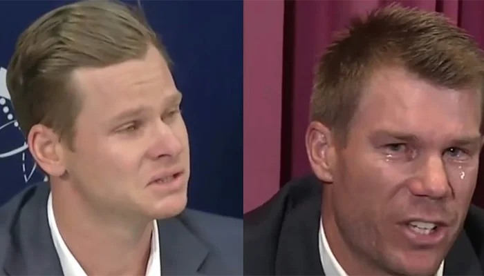 Steve Smith and David Warner during their press conference after the ball-tampering scandal.