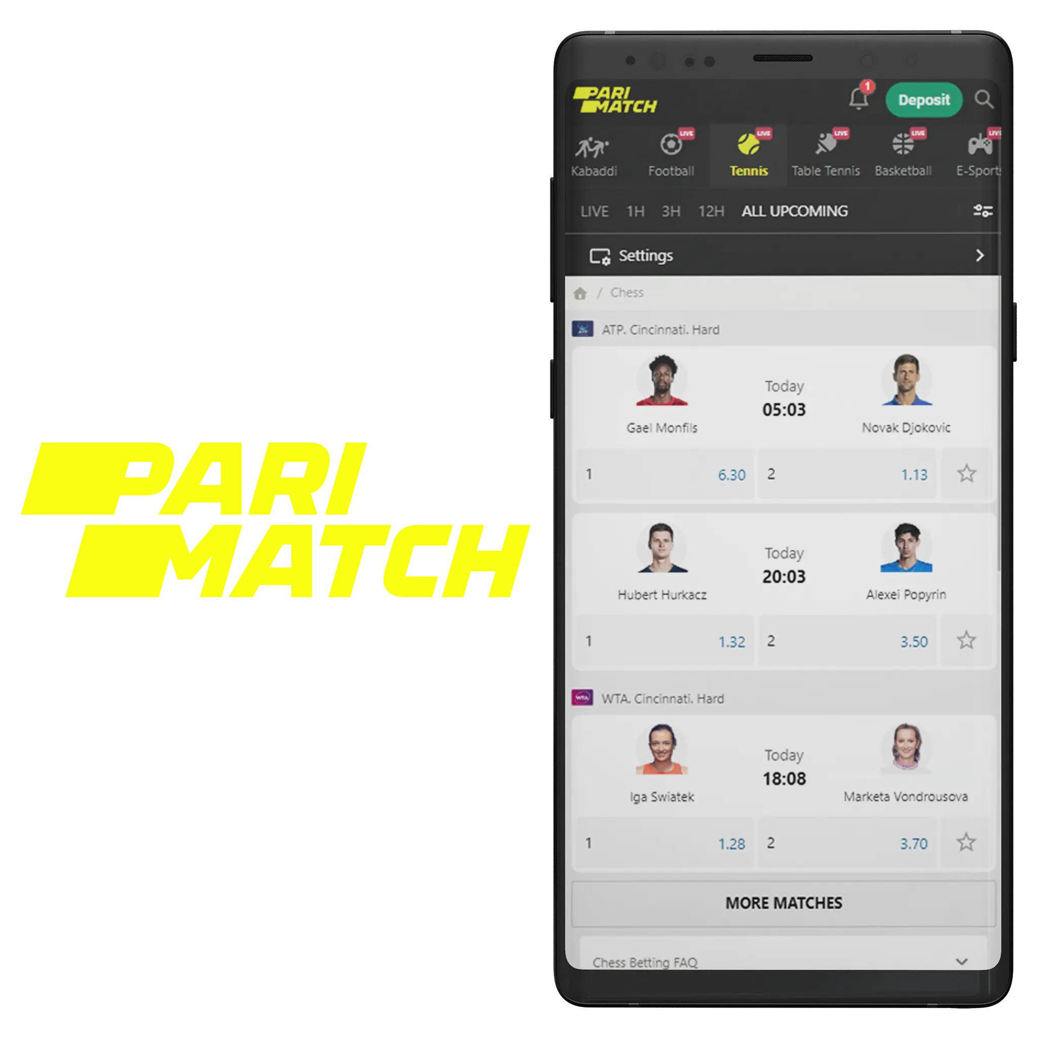 Parimatch mobile app is very convenient to place bets on tennis.