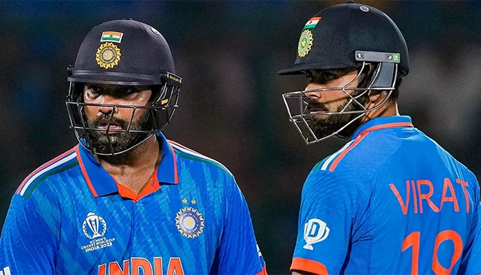 Virat Kohli and Rohit Sharma during a 2023 ODI World Cup match.