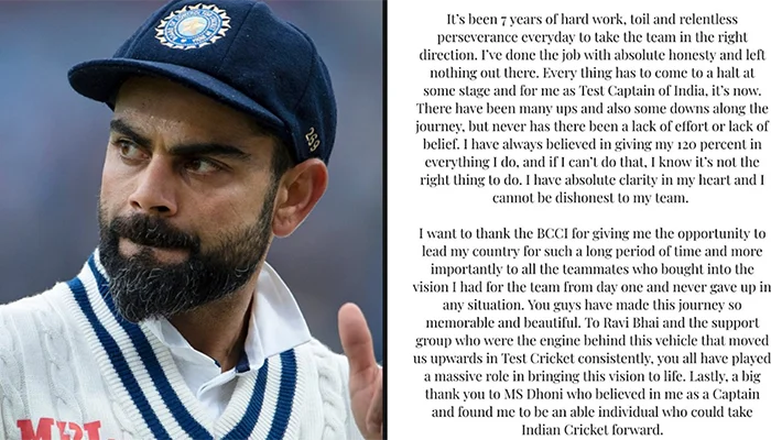 Virat Kohli’s Instagram post after leaving India’s Test Captaincy.