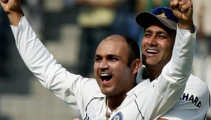 Virender Sehwag with Anil Kumble during a test match.