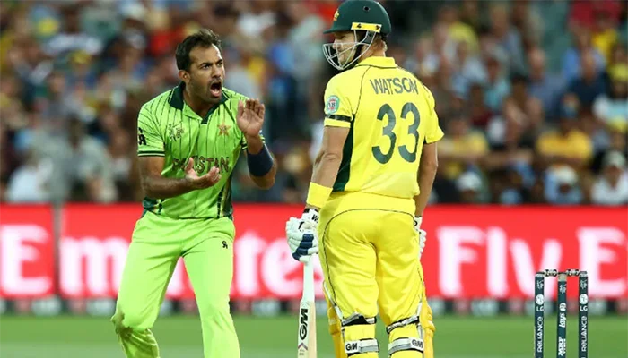 Wahab Riaz mocking Shane Watson during the fiery spell in a World Cup match against Australia.