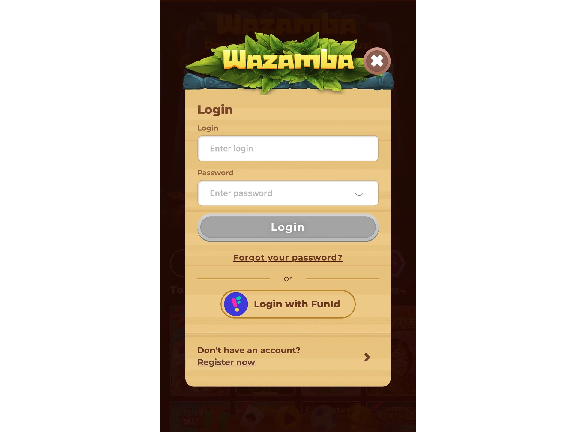 Enter your username and password to log in to Wazamba.